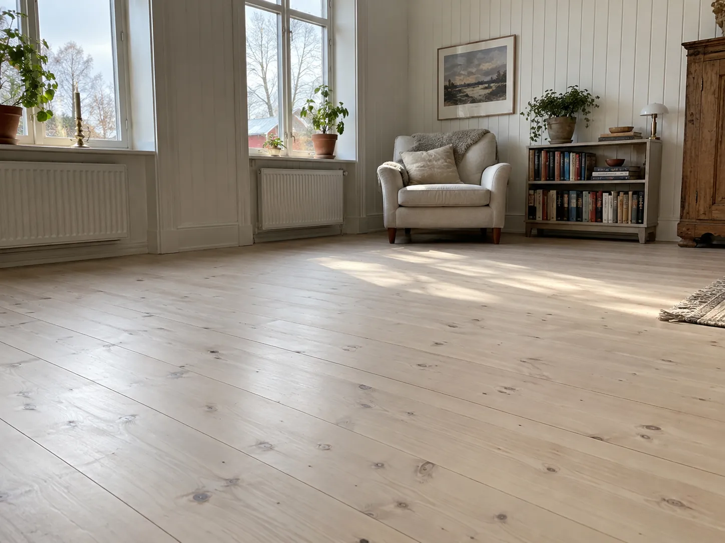 Ljust plankgolv i rum med panelväggar och höga fönster