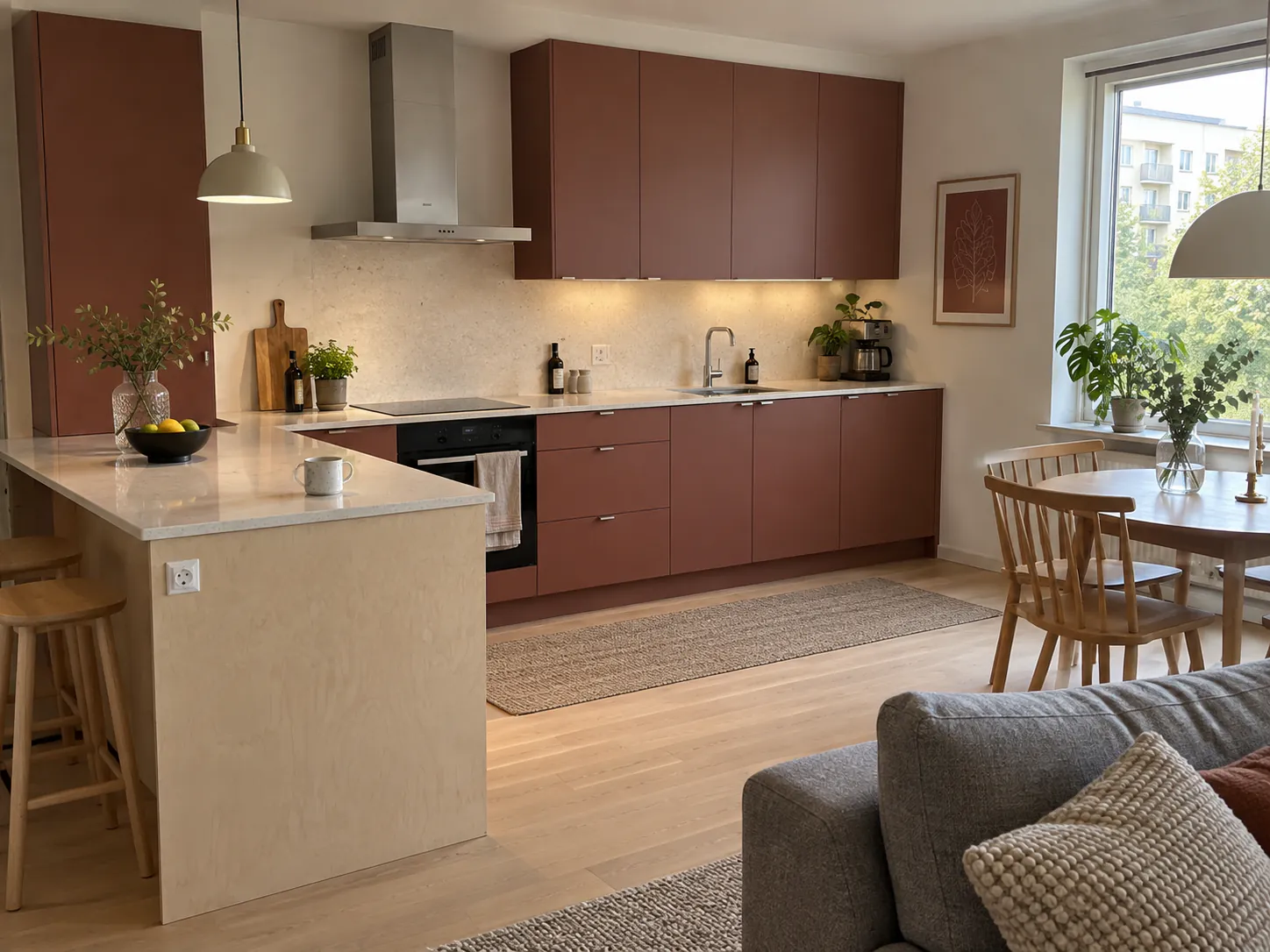 Tegelrött kök med ljus halvö och öppen planlösning mot vardagsrummet