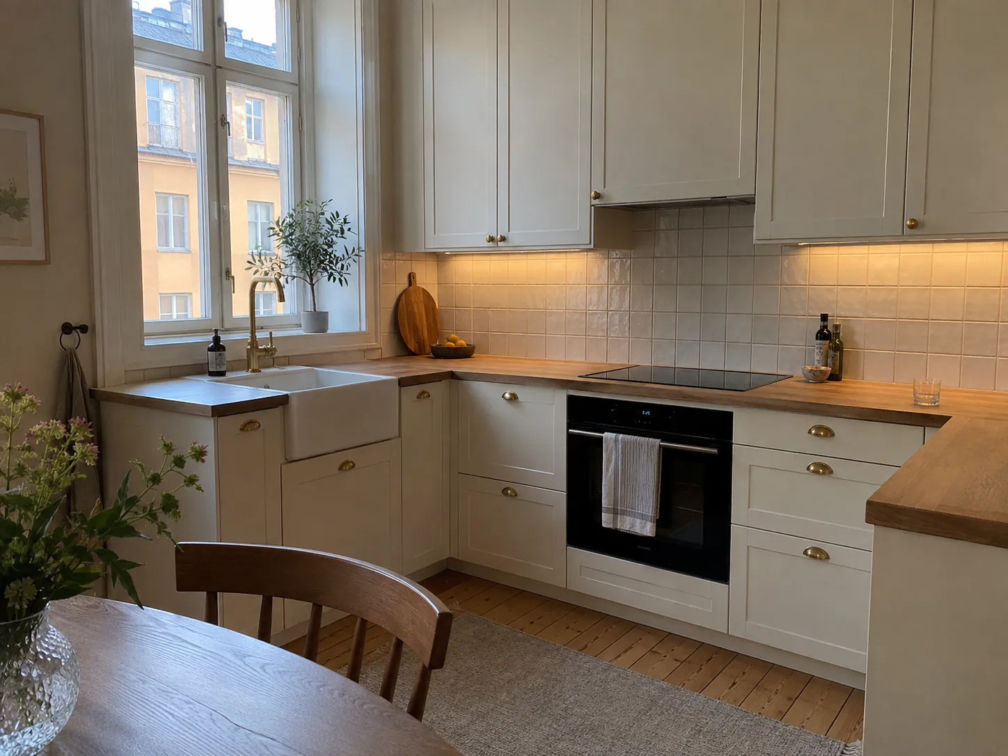 Varmvitt kök med spegelluckor, träbänkskiva och diskho vid fönstret